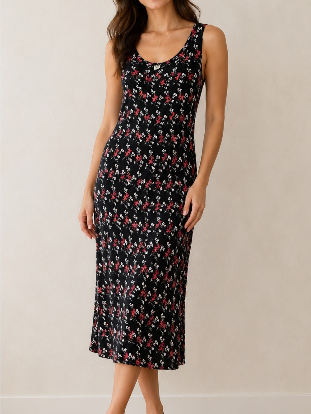 Vintage 90’s Women's Black Floral Midi Dress - Sleeveless‎ Scoop Neck